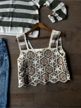 Rebellion Brown & Cream Crochet Floral Camisole